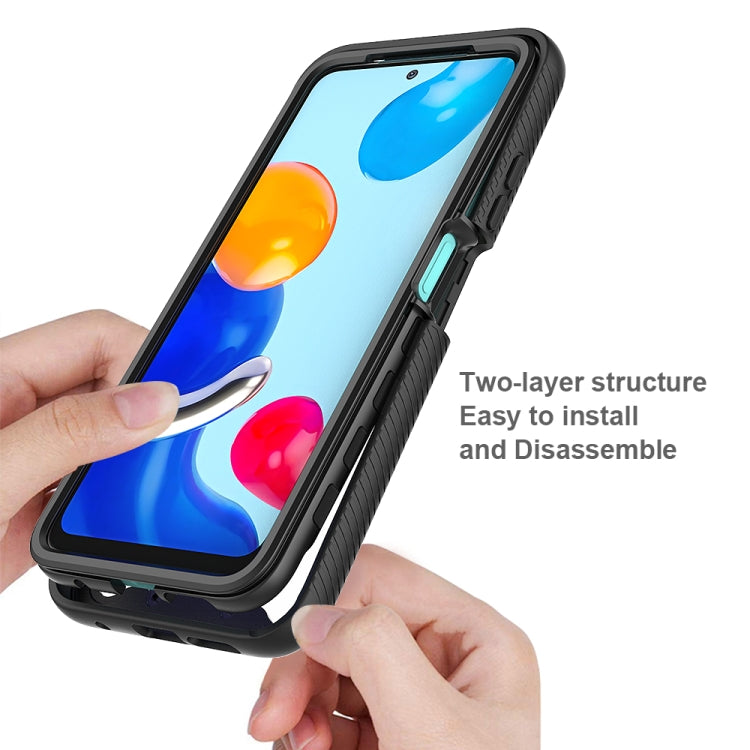 Black TPU phone case being installed by hands, two-layer protective frame