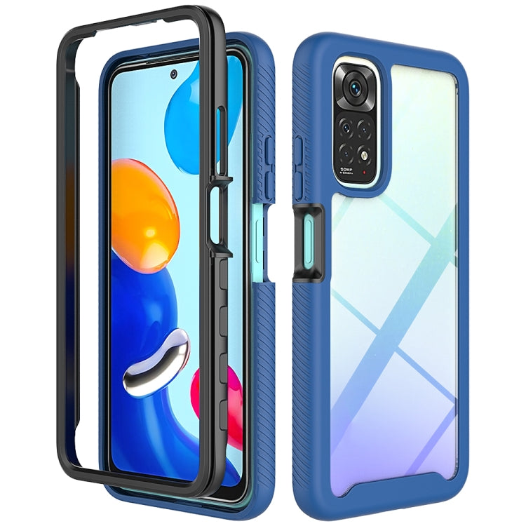 Blue phone case with clear TPU bumper, camera cutout, and raised lip protection