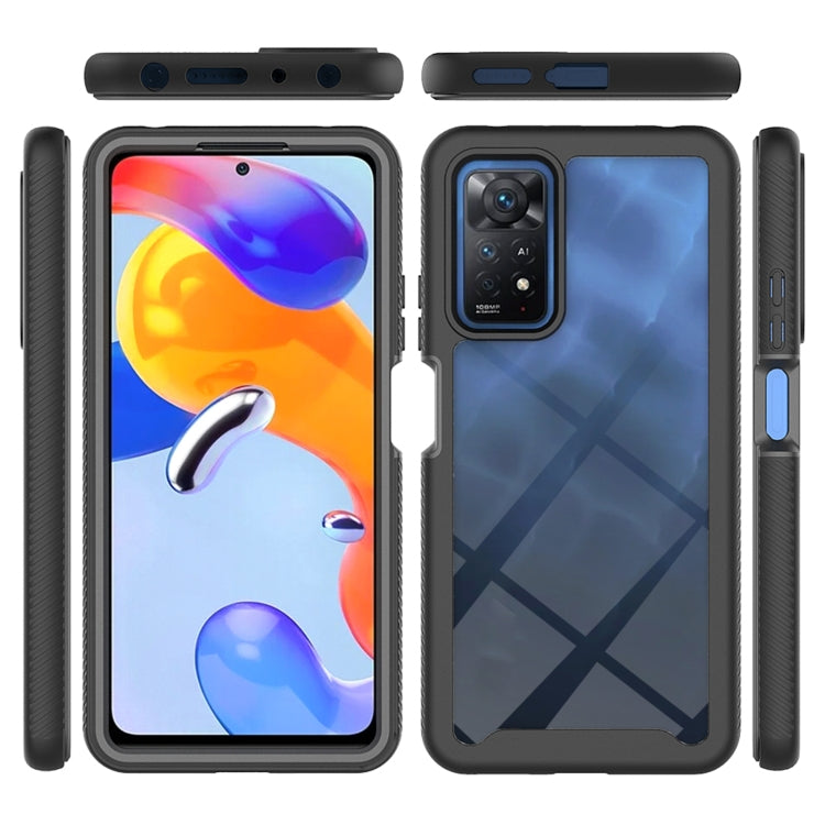 Black phone case with blue-toned pattern insert, back and front views
