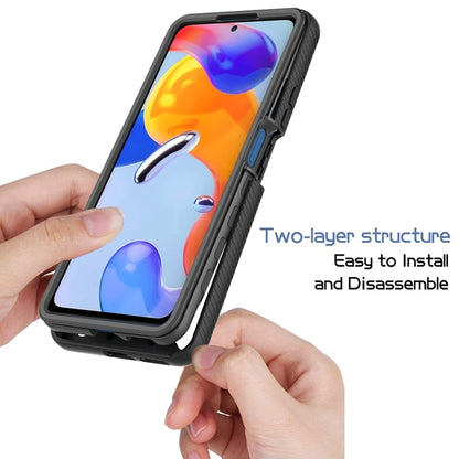 Black phone case with textured bumper, held in hand with front screen visible