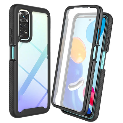Black phone case with blue accent frame, back and front screen views