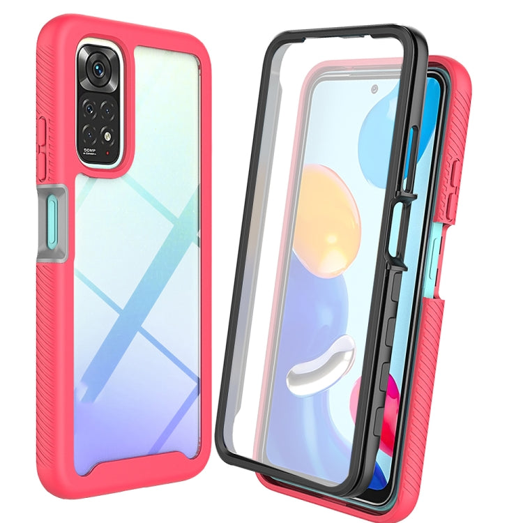 Red/pink TPU phone case with textured sides and camera cutout, clear screen cover visible