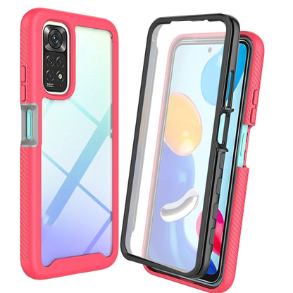 Red/pink TPU phone case with textured sides and camera cutout, clear screen cover visible