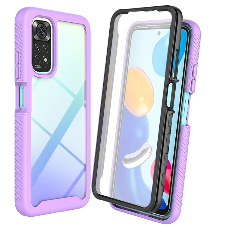 Purple TPU phone case with textured sides and camera cutout, clear screen cover visible