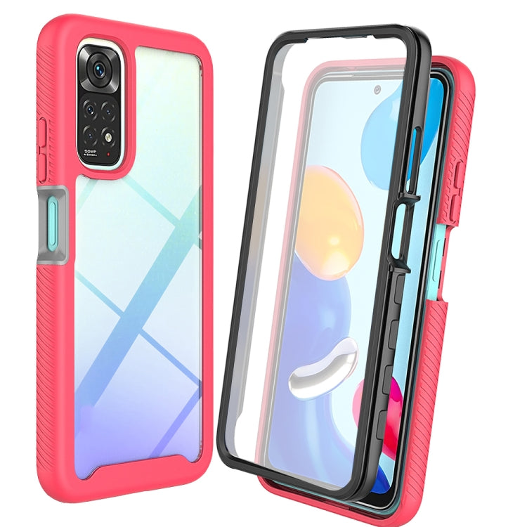 Red/pink protective phone case with raised camera frame and clear front cover