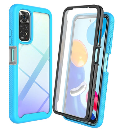 Light blue protective phone case with raised camera area and clear front screen cover