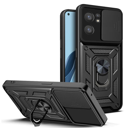 Rugged sliding camera cover phone case with ring stand, black TPU+PC shell