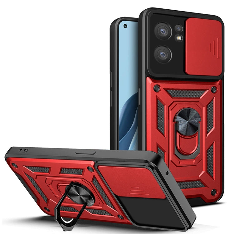Rugged sliding camera cover phone case with ring stand, red and black TPU+PC shell