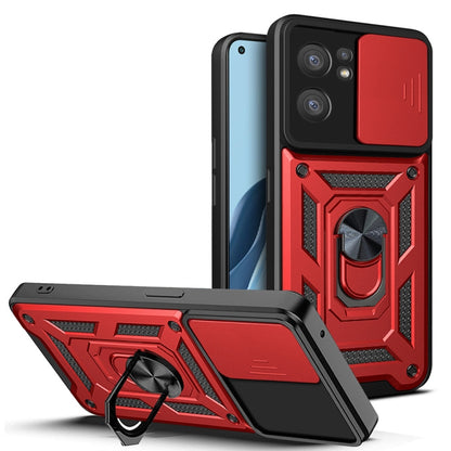 Rugged sliding camera cover phone case with ring stand, red and black TPU+PC shell