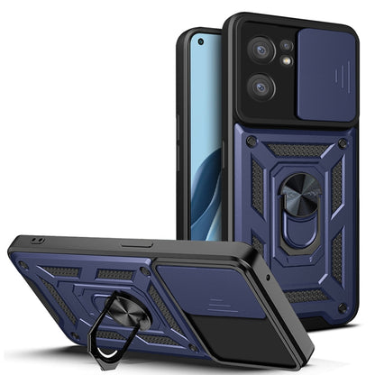 Rugged sliding camera cover phone case with ring stand, dark blue and black TPU+PC shell