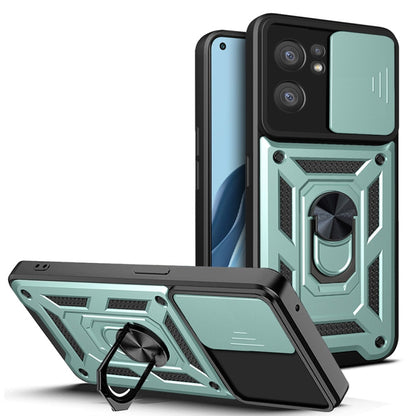 Rugged sliding camera cover phone case with ring stand, teal and black TPU+PC shell