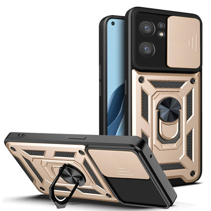 Rugged sliding camera cover phone case with ring stand, gold and black TPU+PC shell