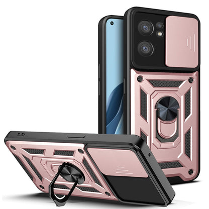 Rugged sliding camera cover phone case with ring stand, rose pink and black TPU+PC shell