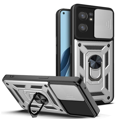 Rugged sliding camera cover phone case with ring stand, silver and black TPU+PC shell