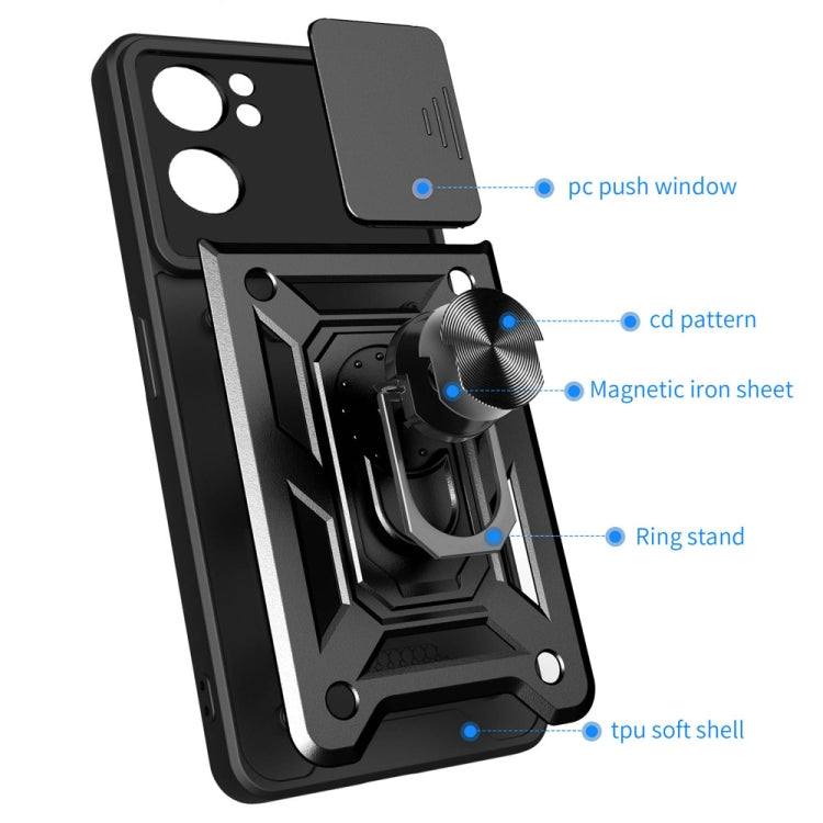 Rugged sliding camera cover phone case, black back view with ring stand and TPU soft shell