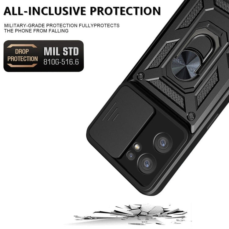 Rugged sliding camera cover phone case with ring stand, black TPU+PC front corner view