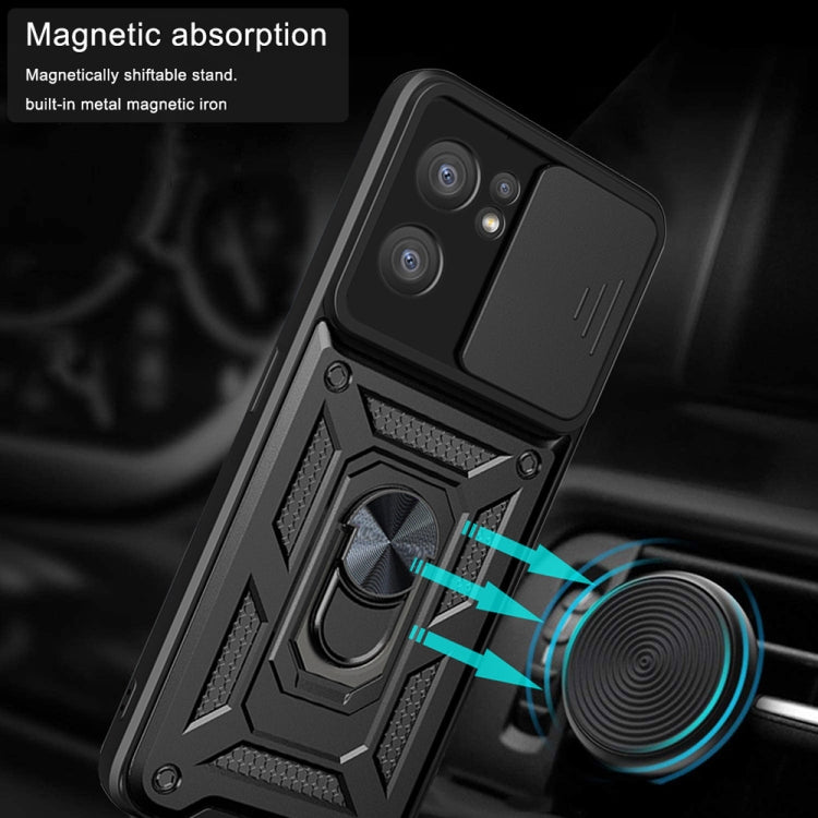 Black phone case with camera cover and rotating metal ring kickstand