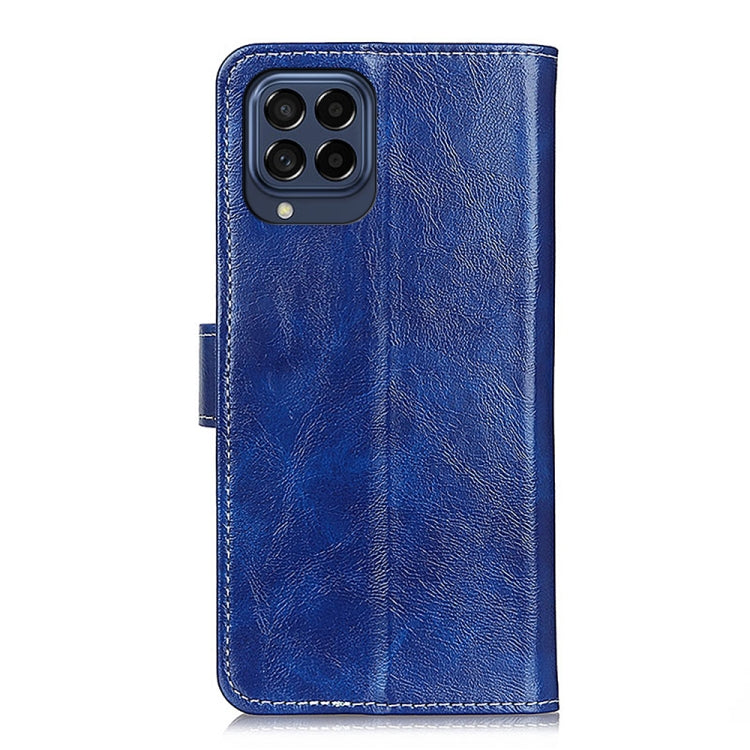 Blue flip leather phone case with camera cutouts and card pocket detail