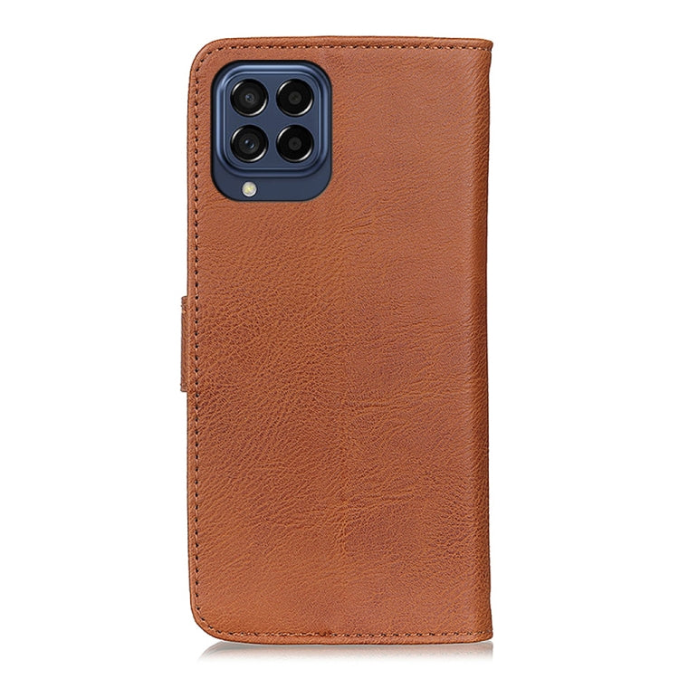 Brown textured leather flip phone case back with camera cutout and stitched edges