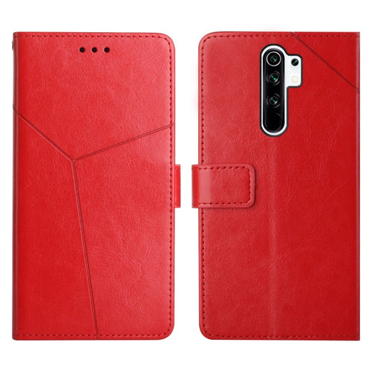 Red leather flip phone case with horizontal Y stitching and camera cutout, strap closure.