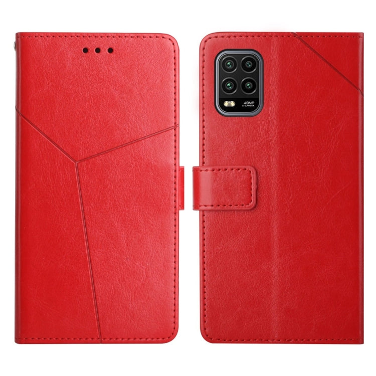 Red flip leather phone case with diagonal stitching and quad camera cutout