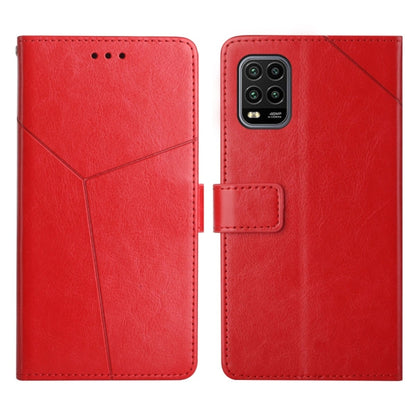 Red flip leather phone case with diagonal stitching and quad camera cutout