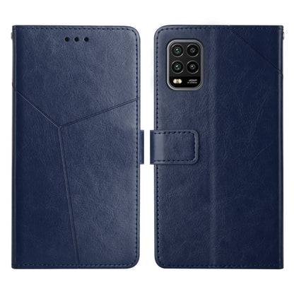 Blue flip leather phone case with diagonal stitching and quad camera cutout