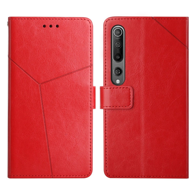 Red leather flip phone case with stitched panel and camera cutout