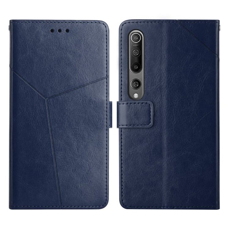 Blue leather flip phone case with stitched panel and camera cutout