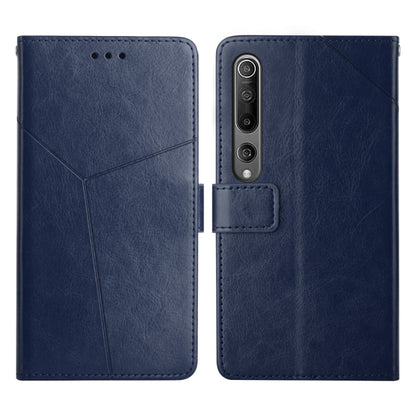 Blue leather flip phone case with stitched panel and camera cutout