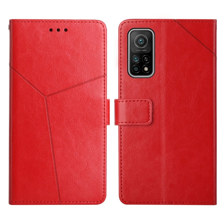 Red leather flip phone case with stitched panel and camera cutout