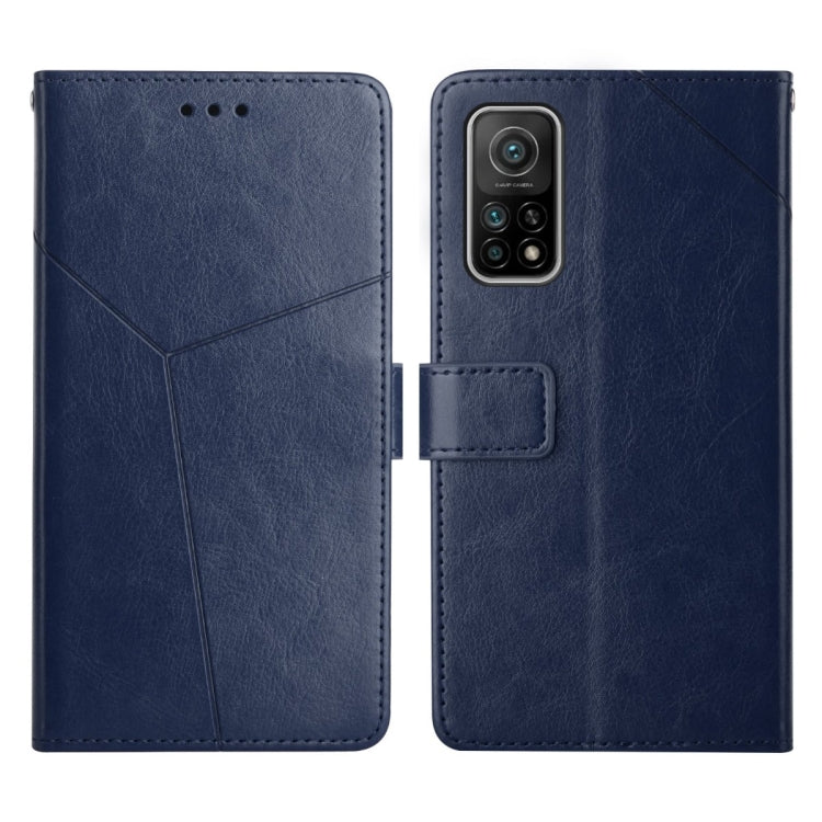 Blue leather flip phone case with stitched panel and camera cutout