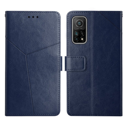 Blue leather flip phone case with stitched panel and camera cutout