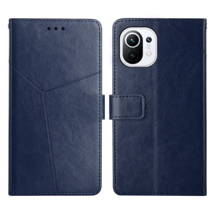 Blue leather flip phone case with magnetic strap and camera cutout