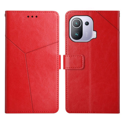 Red Y-stitched flip leather phone case with card holder and camera cutout