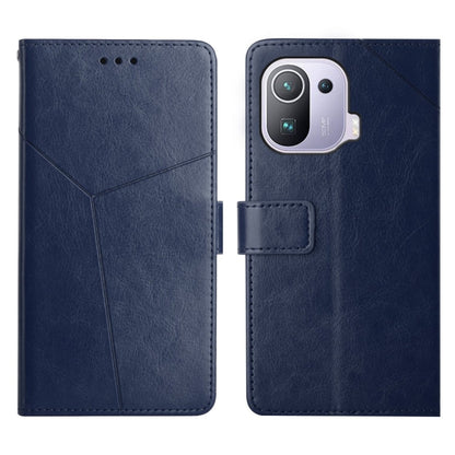 Blue Y-stitched flip leather phone case with card holder and camera cutout