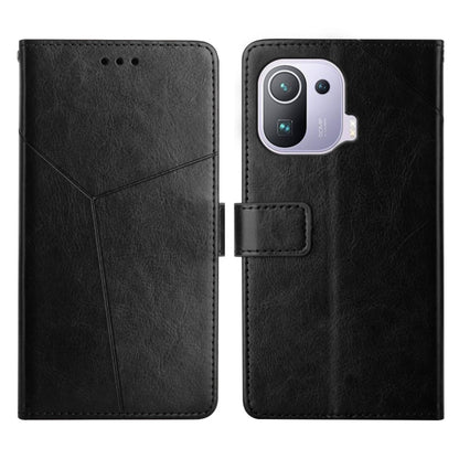 Black Y-stitched flip leather phone case with card holder and camera cutout