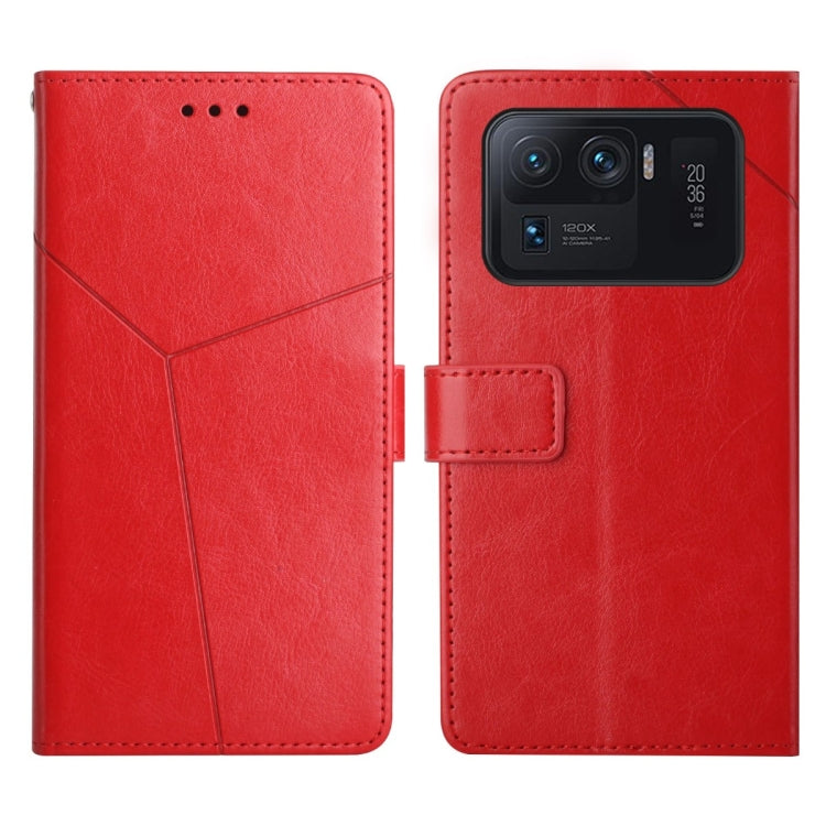 Red Y-stitched flip leather phone case with card holder and phone-back view