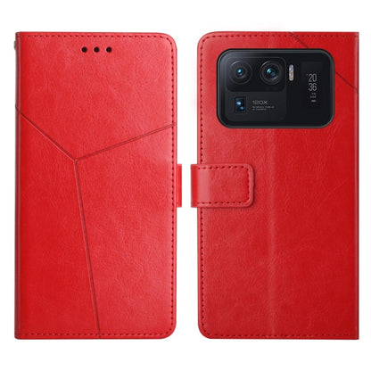 Red Y-stitched flip leather phone case with card holder and phone-back view