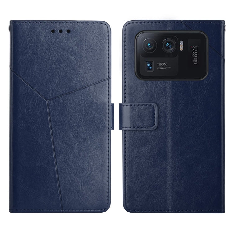 Blue Y-stitched flip leather phone case with card holder and phone-back view