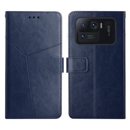 Blue Y-stitched flip leather phone case with card holder and phone-back view