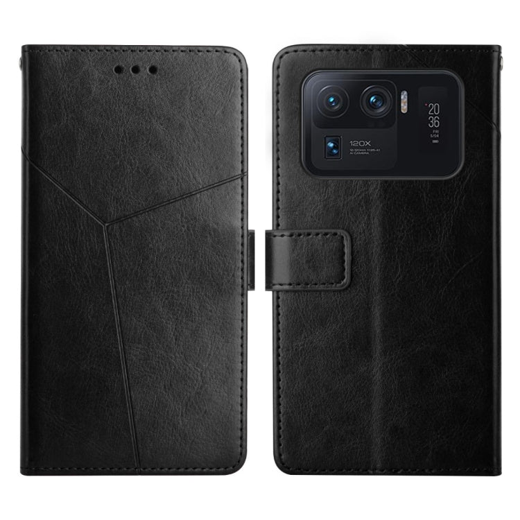 Black Y-stitched flip leather phone case with card holder and phone-back view