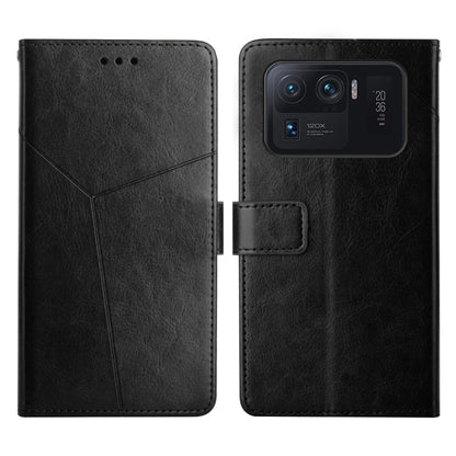 Black Y-stitched flip leather phone case with card holder and phone-back view