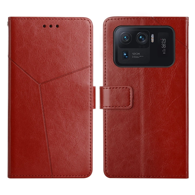 Red Y-stitched flip leather phone case with card holder and phone-back view