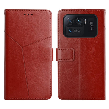 Red Y-stitched flip leather phone case with card holder and phone-back view