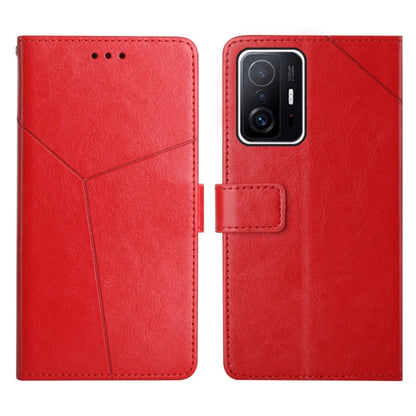 Red leather flip phone case with horizontal stitching and card pocket flap