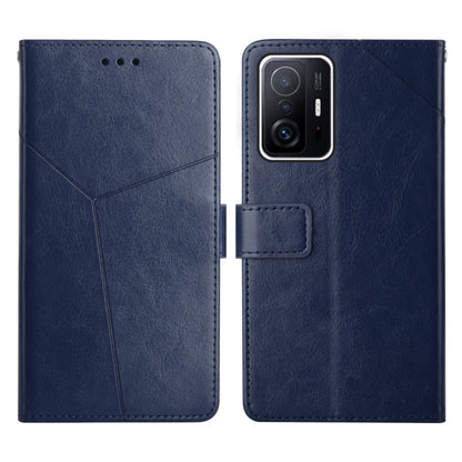 Blue leather flip phone case with horizontal stitching and card pocket flap