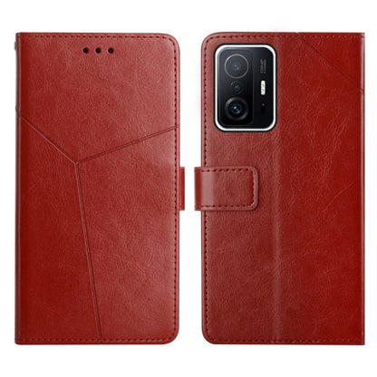 Red leather flip phone case with horizontal stitching and card pocket flap