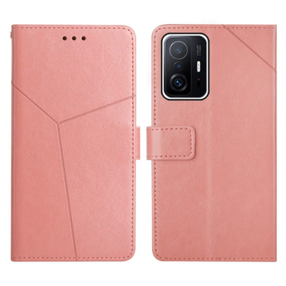 Light pink leather flip phone case with horizontal stitching and card pocket flap