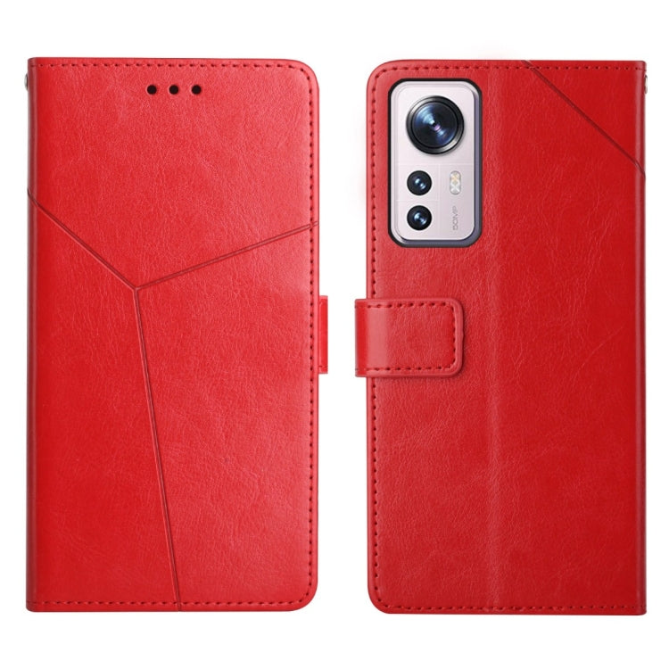 Red leather flip phone case with horizontal stitching and card pocket flap